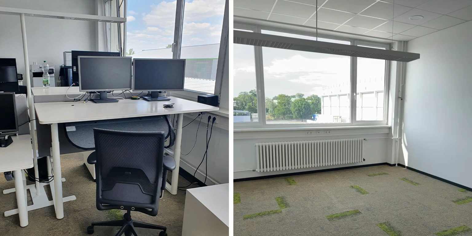 Berliner Büro mit Schreibtisch, zwei Monitoren und Bürostuhl vor der Gewerbeauflösung, daneben derselbe Raum leer geräumt