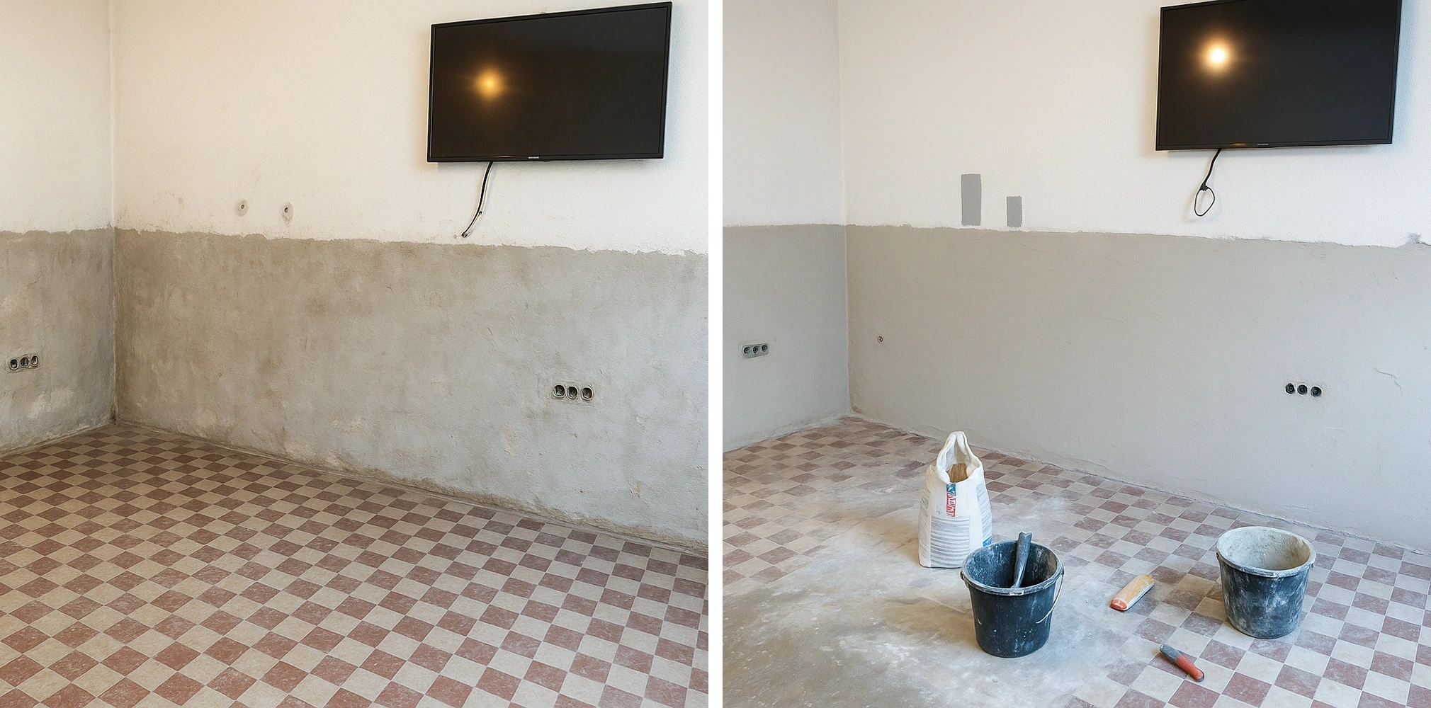 Zimmerwand mit schadhaftem Putz vor und nach der Renovierung in Berlin – rechts frisch verputzt, mit Eimern und Werkzeug am Boden